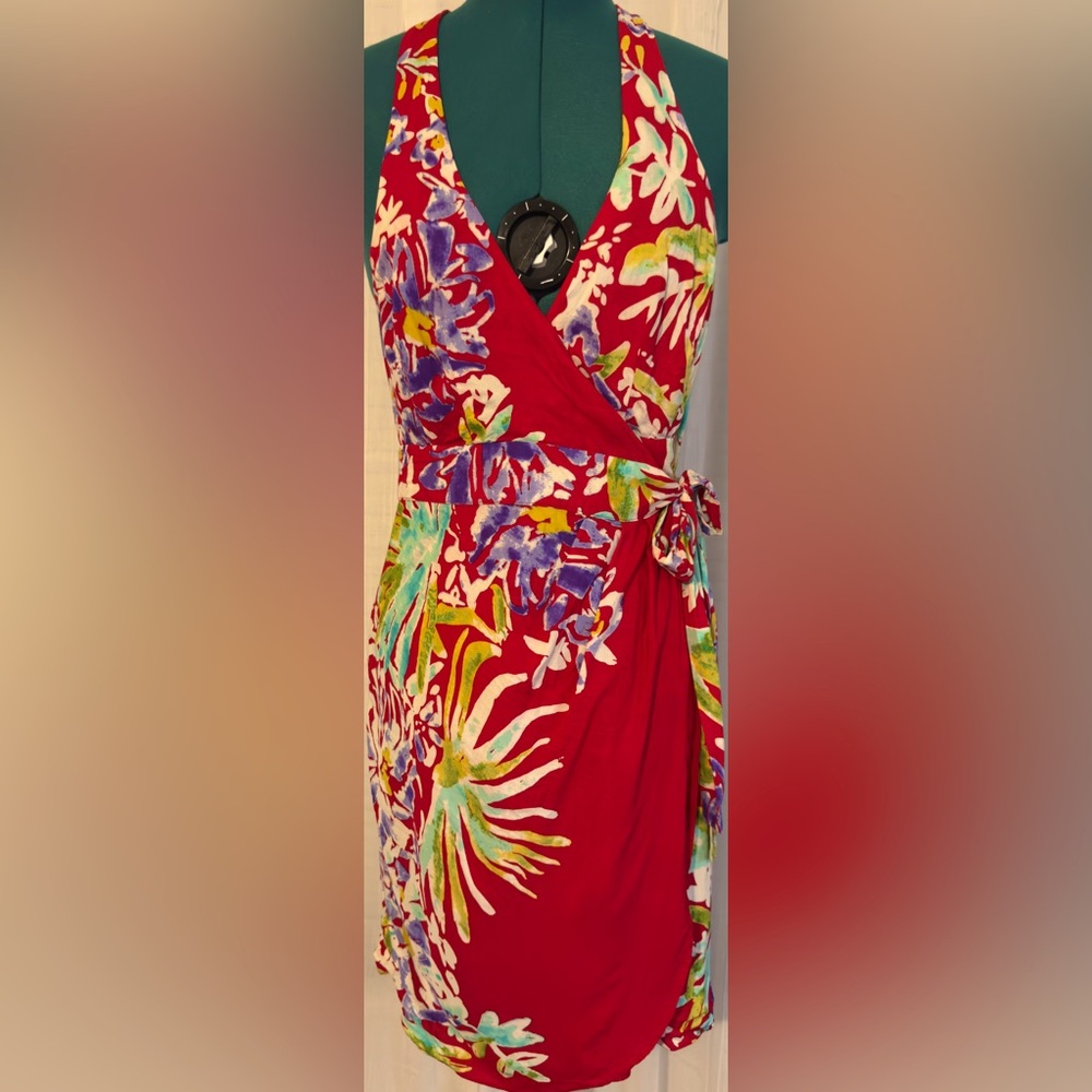 Nanette Lepore Swim. Tropical Red Halter Wrap Dress.